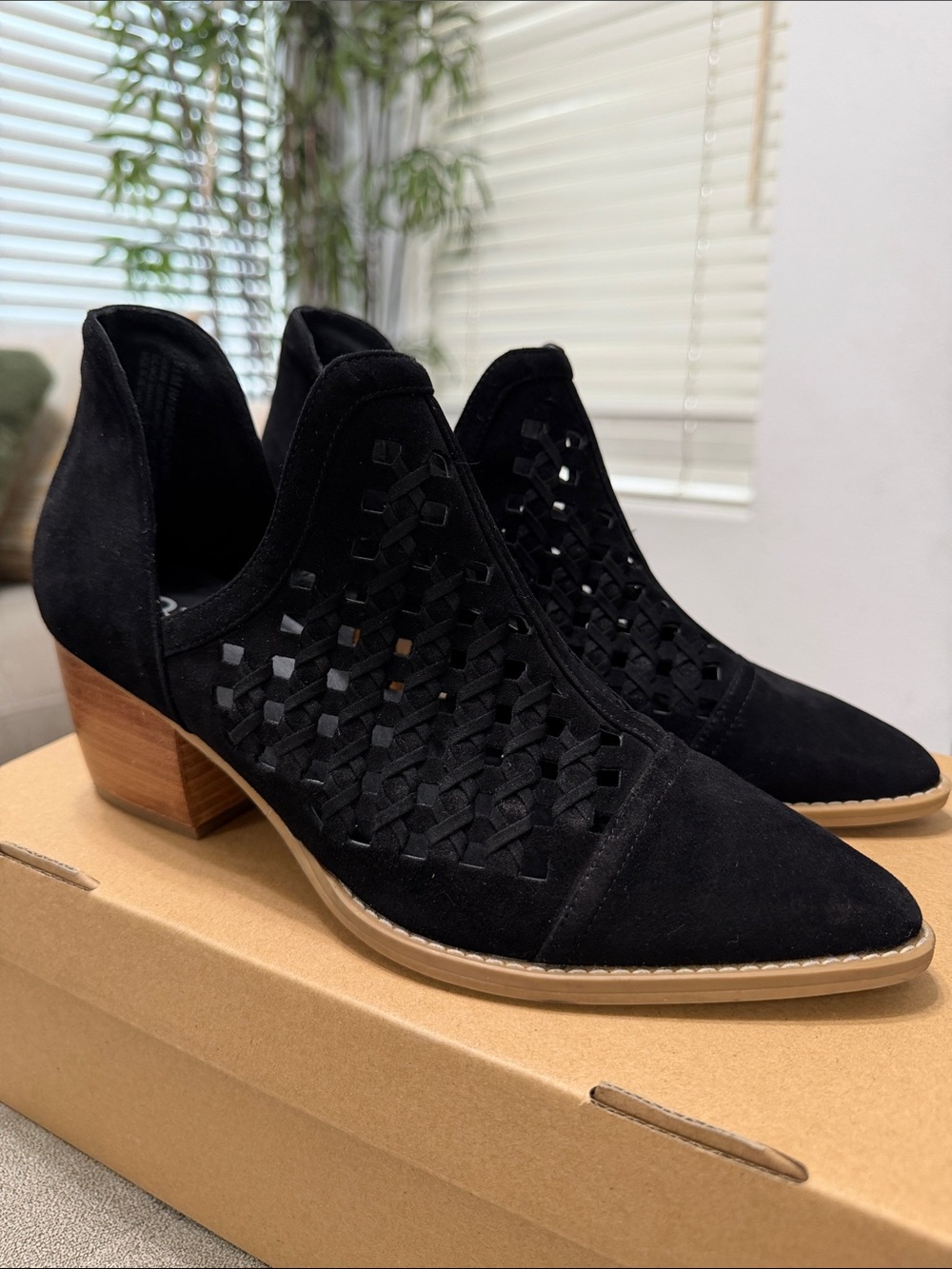 Black Suede Cutout Low Heel Ankle Boots - Women
